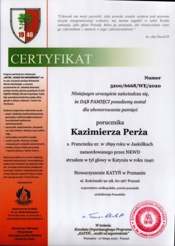 Perz_Kazimierz-CertyfikatDebuPamieci Certyfikat Dębu Pamięci Kazimierza Perża.