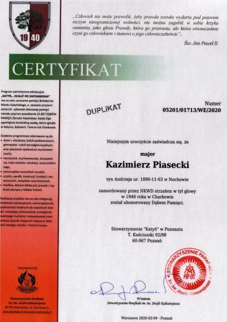 Certyfikat dębu pamięci Kazimierza Piaseckiego