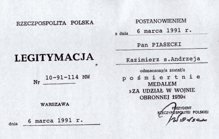 Medal Wojny Obronnej 1939 roku Kazimierza Piaseckiego