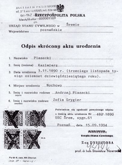 Odpis aktu urodzenia Kazimierza Piaseckiego