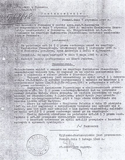 Uznanie Kazimierza Piaseckiego za zmarłego