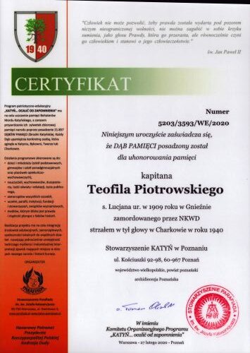 Piotrowski_TeofilJan-CertyfikatDebuPamieci Teofil Jan Piotrowski - certyfikat Dębu Pamięci