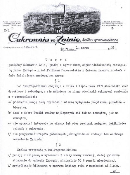 Cukrownia Żnin - umowa Feliksa Pogorzelskiego 1939 rok