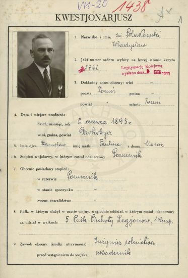 Władysław Polakowski, kwestionariusz osobowy