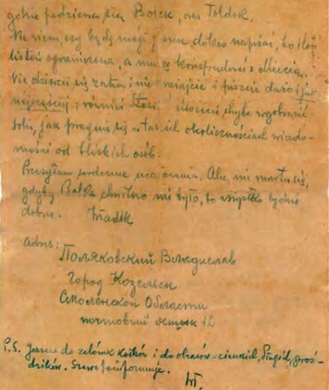 List Władysława Polakowskiego do szwagierek, Ali i Luni Dąbrowskich,
z obozu w Kozielsku.