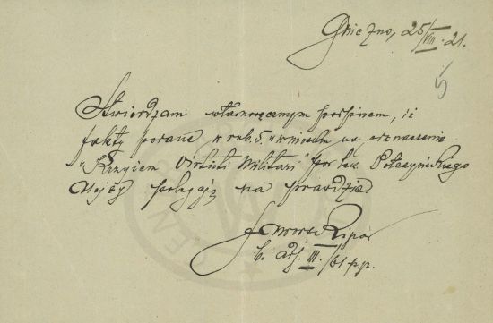 Świadectwo do orderu Virtuti Militari Alojzego Połczyńskiego.