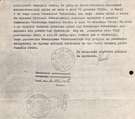 Stanisław Potasiński, akt zgonu