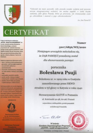 Psuja_Boleslaw-certyfikat Certyfikat dębu pamięci Bolesława Psuja