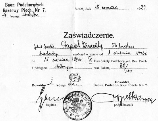 Zaświadczenie Wincentego Pujanek z baonu podchorążych rezerwy piechoty nr 7.