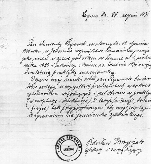 Opinia z apteki dotycząca Wincentego Pujanek.