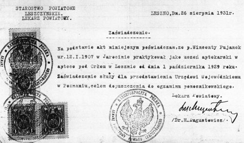 Zaświadczenie aptekarskie Wincenty Pujanek