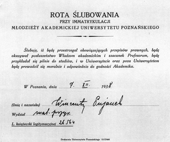 Rota ślubowania Wincentego Pujanek na studia