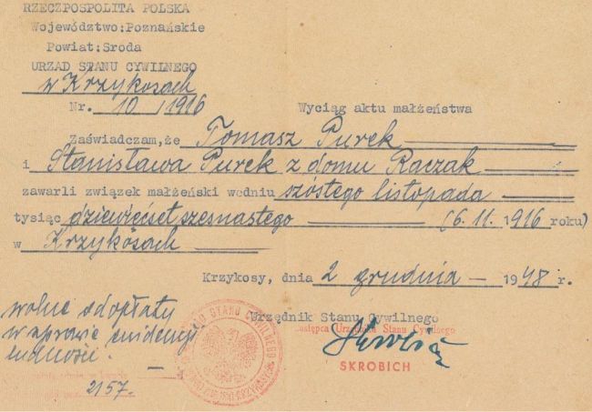 Akt ślubu Tomasza Purek i Stanisławy Raczak.