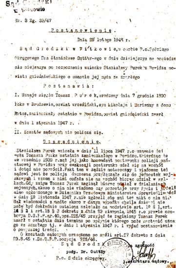Akt zgonu Tomasza Purek na wniosek żony Stanisławy.