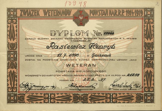 Dyplom weterana Powstania Wielkopolskiego Henryka Rasiewicza.
