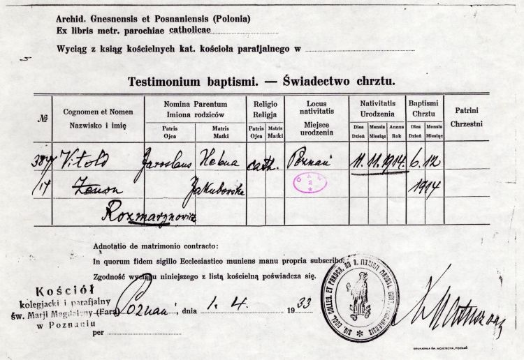 Świadectwo chrztu Witolda Rozmarynowicza.