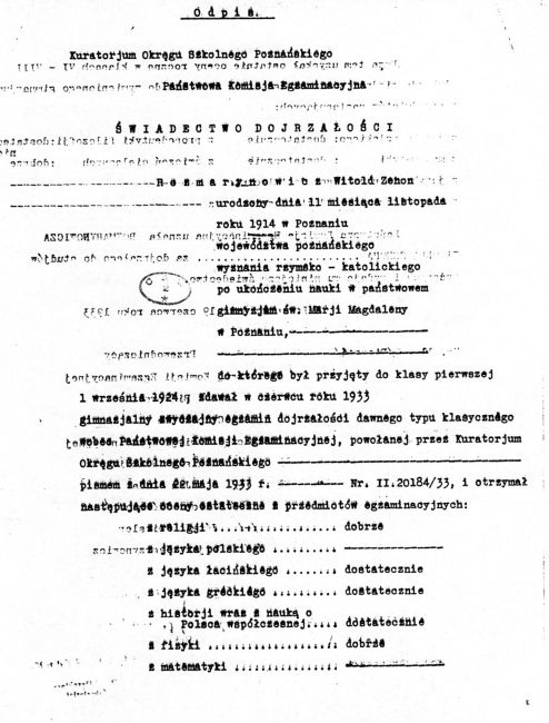 Świadectwo dojrzałości Witolda Rozmarynowicza z gimnazjum Marii Magdaleny w Poznaniu