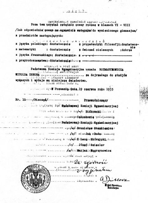 Świadectwo dojrzałości Witolda Rozmarynowicza z gimnazjum Marii Magdaleny w Poznaniu