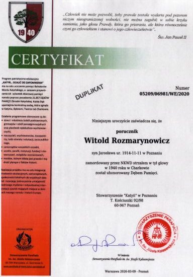 Certyfikat dębu pamięci Witolda Rozmarynowicza