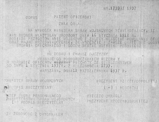 Patent oficerski Władysława Rudnera