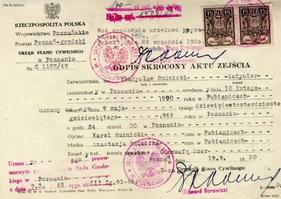 Skr&oacute;cony akt zejścia Władysława Rudnickiego.