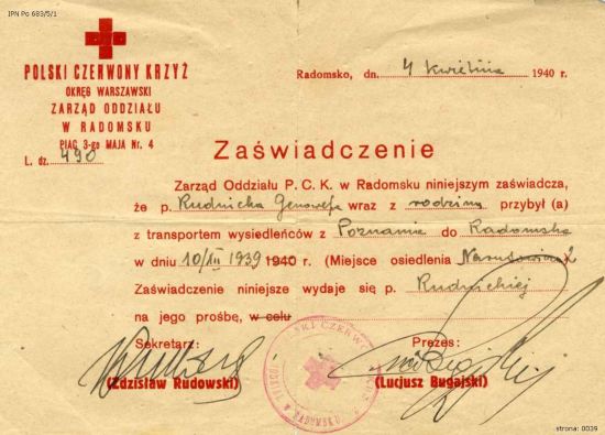 Zaświadczenie PCK dotycząca wysiedlenia rodziny Władysława Rudnickiego.
