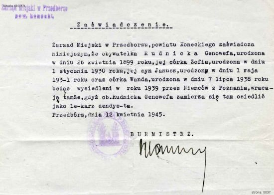 Zaświadczenie dla rodziny Władysława Rudnickiego.