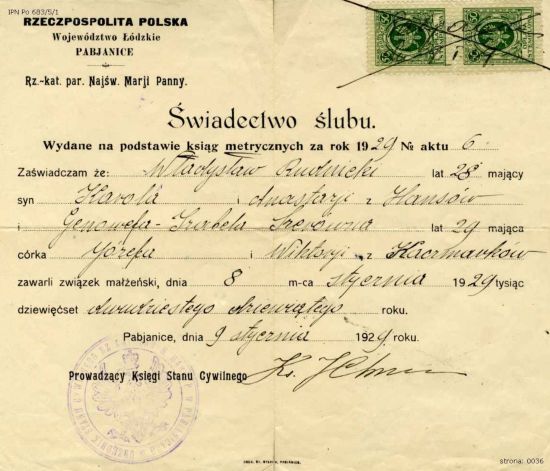 Świadectwo ślubu Władysława Rudnickiego.