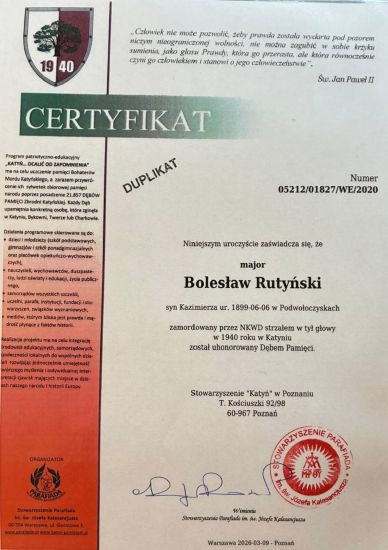 Certyfikat dębu pamięci Bolesława Alojzego Rutyńskiego
