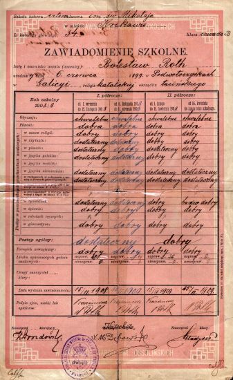 Świadectwo szkoły czteroletniej Bolesława Rutyńskiego