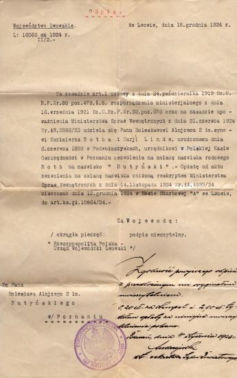 Zmiana nazwiska Bolesława Roth-Rutyńskiego