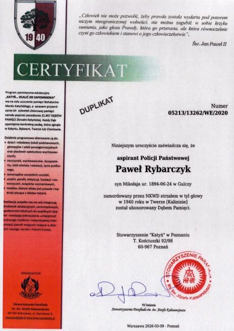 Rybarczyk_Pawel-certyfikat Certyfikat dębu pamięci Pawła Rybarczyka