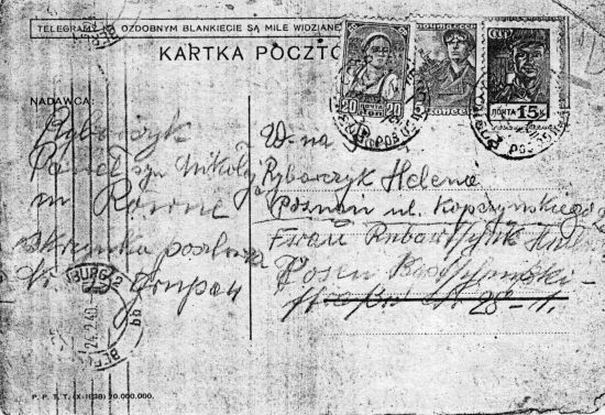 Kartka pocztowa Pawła Rybarczyk z miejscowości Równe.