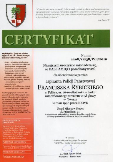 Rybicki_Franciszek-CertyfikatDebuPamiec Certyfikat dębu pamięci Franciszek Rybicki