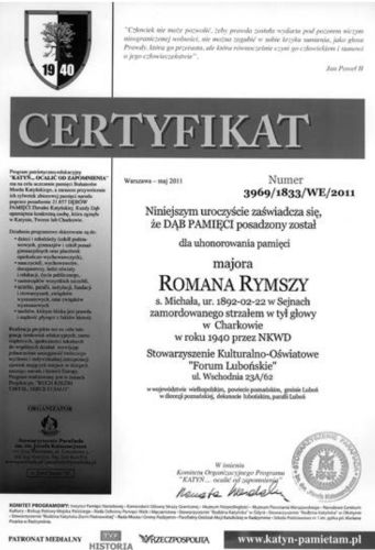 Certyfikat Dębu Pamięci Romana Rymszy