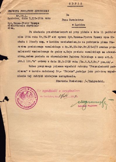 Potwierdzenie obywatelska Romana Rymszy.
