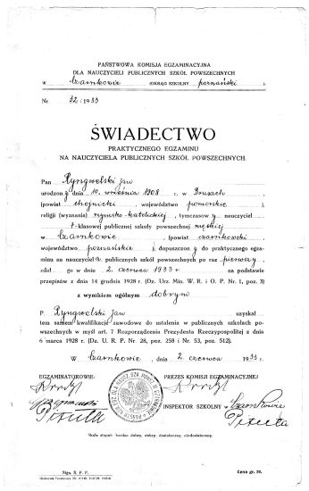 Egzamin nauczycielski Jan Ryngwelskiego