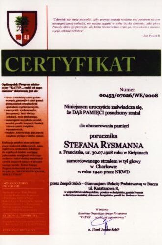 Certyfikat dębu pamięci Stefana Rysmanna