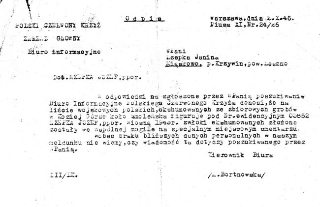 Józef Rzepka - list poszukiwawczy żony w PCK