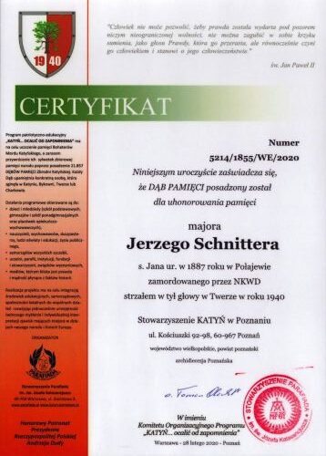 Certyfikat Dębu Pamięci Jerzego Schnittera