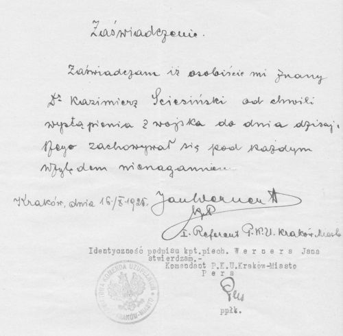 Zaświadczenie moralności Kazimierza Ściesińskiego