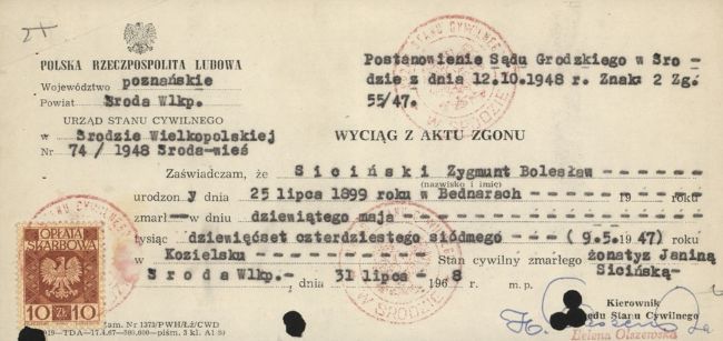 Akt zgonu Zygmunta Sicińskiego