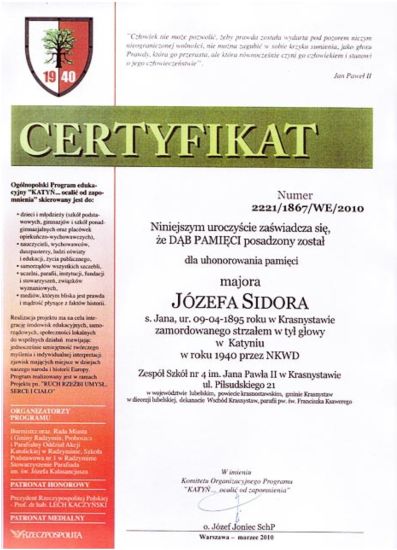 Certyfikat Dębu Pamięci