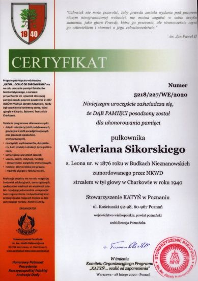 Certyfikat Dębu Pamięci Waleriana Sikorskiego