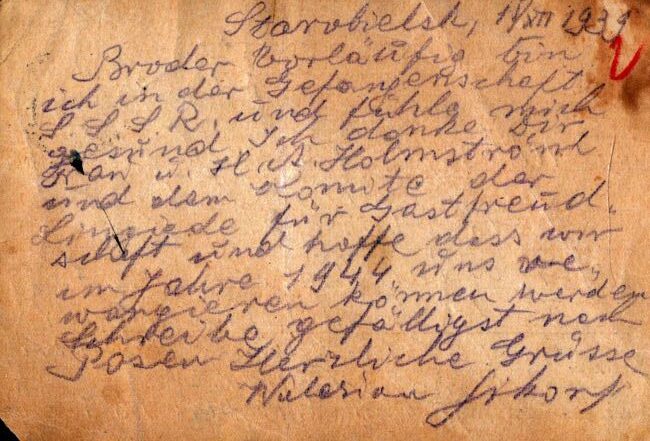 List z obozu w Starobielsku od Waleriana Sikorskiego do rodziny.