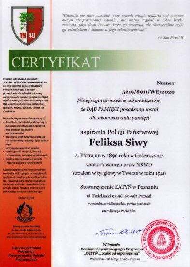 Feliks Siwy certyfikat Dębu Pamięci