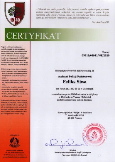 Certyfikat dębu pamięci Feliksa Siwa