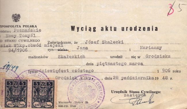 Wyciąg z aktu urodzenia J&oacute;zefa Skałeckiego