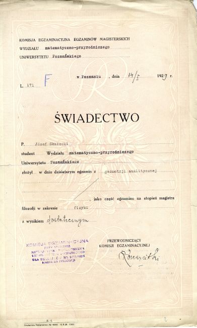 Dyplom ukończenia studi&oacute;w J&oacute;zefa Skałeckiego