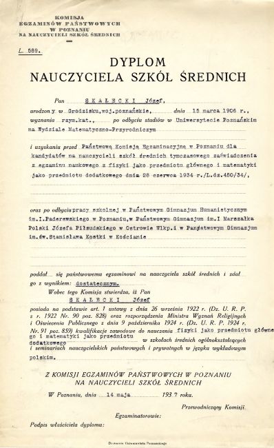 Dyplom nauczycielki J&oacute;zefa Skałeckiego